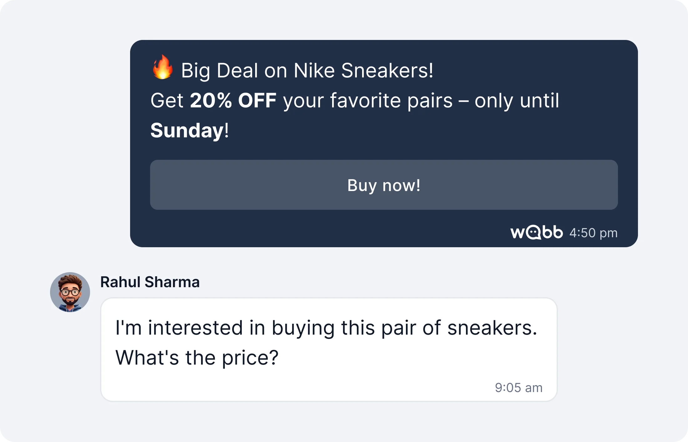 WABB broadcast example: a promo message with a 20% off deal and buy now button, followed by a customer asking about the price