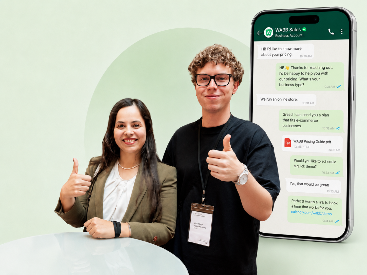 WABB team giving a thumbs up next to a phone showing a WABB Sales WhatsApp conversation
